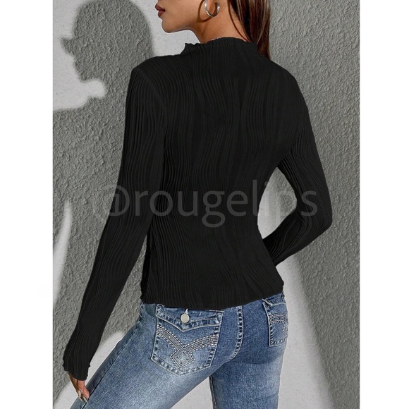 Textured Black Long Sleeve Fitted Tee Shirt Top - Picture 6 of 7